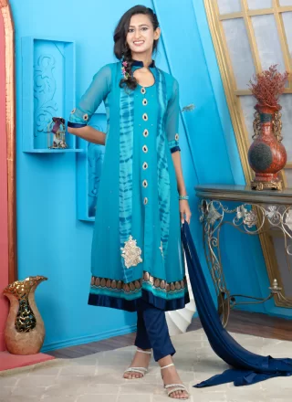 Blue Georgette Readymade Salwar Suit with Embroidered, Jacquard and Zari Work for Mehndi