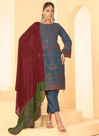 Blue Georgette Salwar Suit with Embroidered, Stone and Zari Work