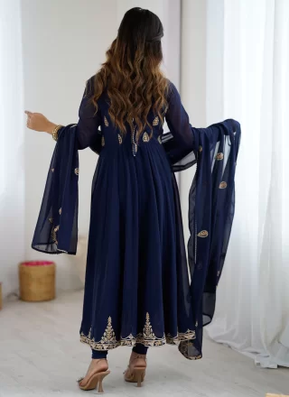 Blue Georgette Sequins and Zari Work Pant Style Suit for Ceremonial