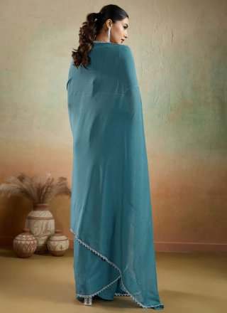 Blue Georgette Traditional Saree with Patch Border and Lace Work