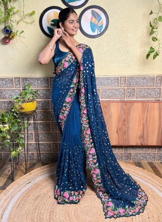 Blue Georgette Trendy Saree with Embroidered, Multi, Sequins and Thread Work for Ceremonial