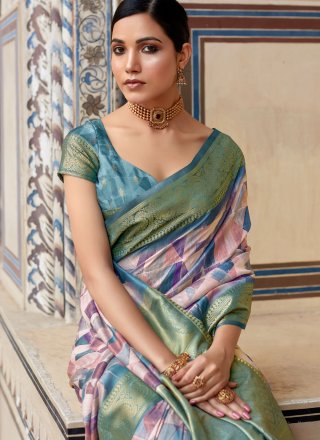 Blue Handloom Silk Designer Saree with Abstract Print, Patch Border and Zari Work