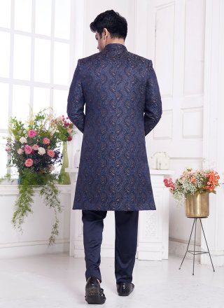 Blue Imported Buttons and Plain Work Indo Western for Ceremonial