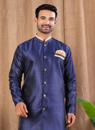 Blue Jacquard Buttons Work Indo Western for Ceremonial