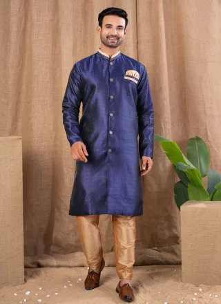 Blue Jacquard Buttons Work Indo Western for Ceremonial