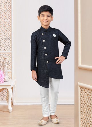 Blue Jacquard Indo Western with Machine Embroidery and Zari Work for Festival