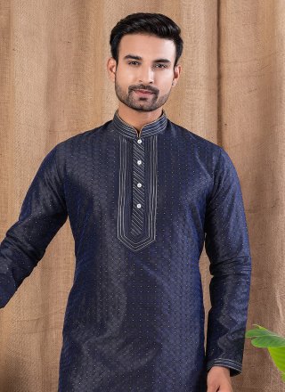 Blue Jacquard Kurta Pyjama with Buttons and Thread Work
