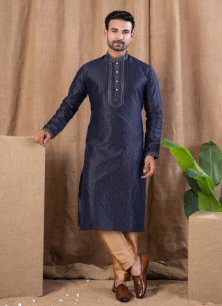 Blue Jacquard Kurta Pyjama with Buttons and Thread Work