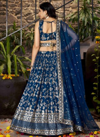Blue Jacquard Lehenga Choli with Embroidered, Jacquard, Sequins and Zari Work