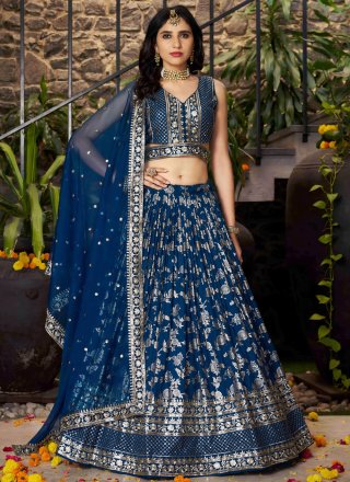 Blue Jacquard Lehenga Choli with Embroidered, Jacquard, Sequins and Zari Work