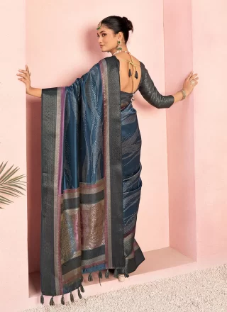 Blue Jacquard Silk Trendy Saree with Print Work