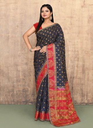 Blue Kanjivaram Silk Contemporary Sari with Hand Work