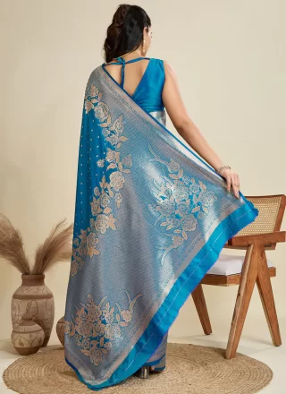 Blue Kanjivaram Silk Weaving Work Designer Sari for Ceremonial