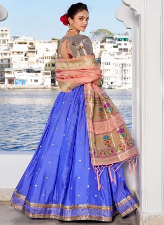 Blue Lace, Weaving and Zari Work Jacquard Silk A - Line Lehenga Choli