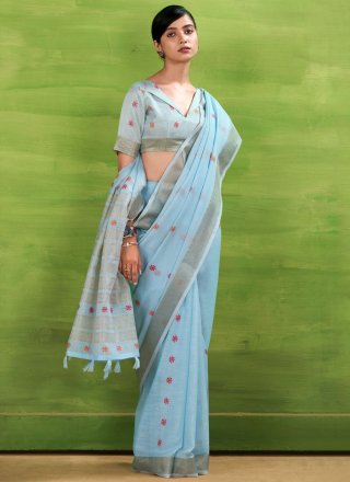 Blue Linen Patch Border and Zari Work Traditional Saree for Casual