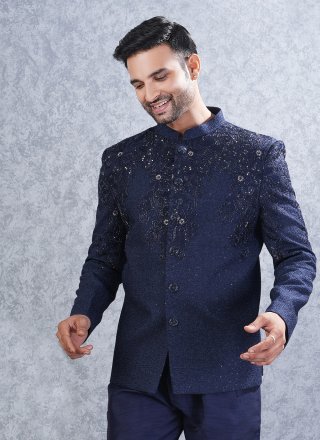 Blue Lucknowi Hand Work Jodhpuri Suit for Ceremonial