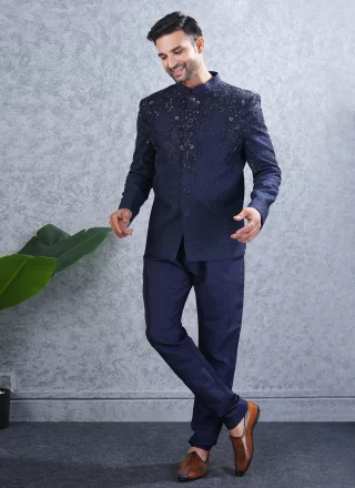 Blue Lucknowi Hand Work Jodhpuri Suit for Ceremonial