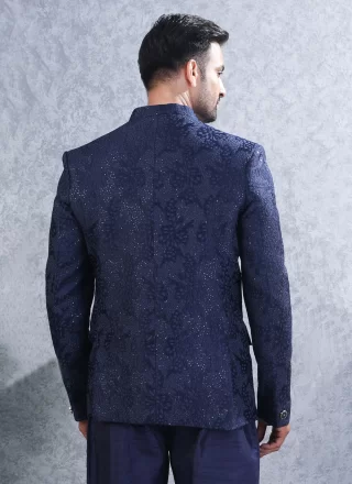 Blue Lucknowi Jodhpuri Suit with Buttons and Sequins Work