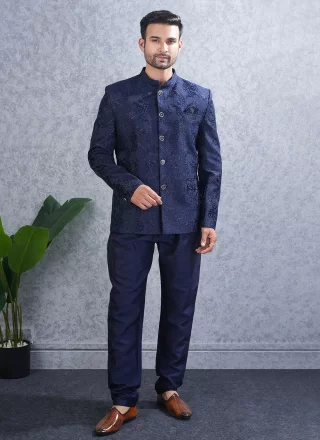 Blue Lucknowi Jodhpuri Suit with Buttons and Sequins Work