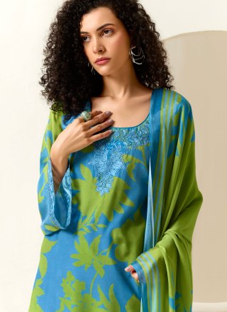 Blue Muslin Digital Print, Embroidered and Resham Work Salwar Suit for Women