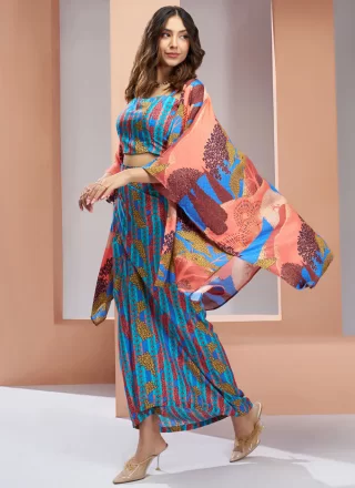 Blue Muslin Party Wear Kurti with Fancy and Print Work