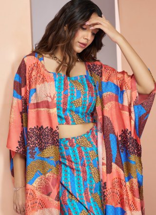 Blue Muslin Party Wear Kurti with Fancy and Print Work
