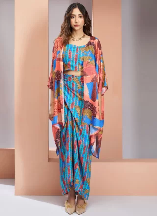Blue Muslin Party Wear Kurti with Fancy and Print Work