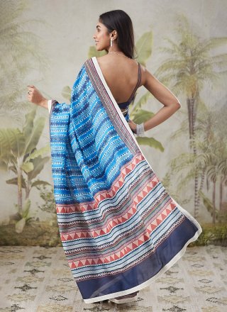 Blue Muslin Print Work Classic Saree