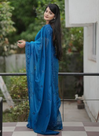 Blue Net Cut, Embroidered, Sequins and Thread Work Classic Sari