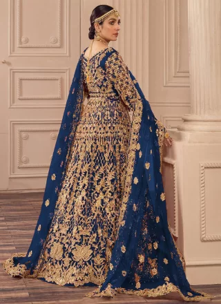 Blue Net Embroidered and Zari Work Gown