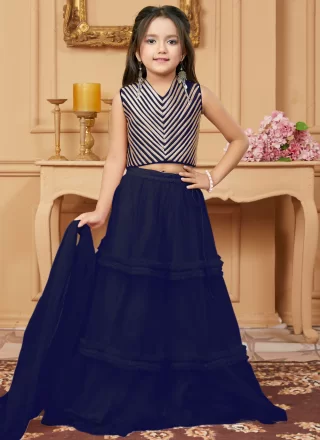 Blue Net Plain Work Readymade Lehenga Choli for Ceremonial