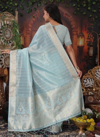 Blue Organza Contemporary Sari with Weaving Work for Casual