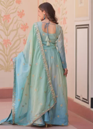 Blue Organza  Designer Gown with Sequins, Thread and Zari Work