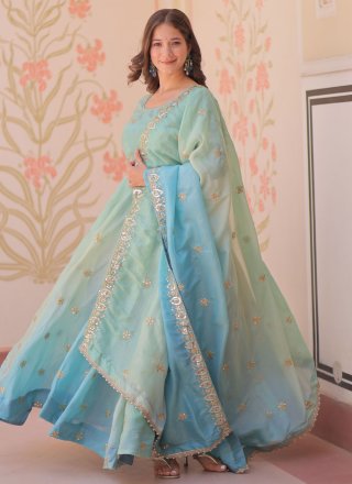 Blue Organza  Designer Gown with Sequins, Thread and Zari Work