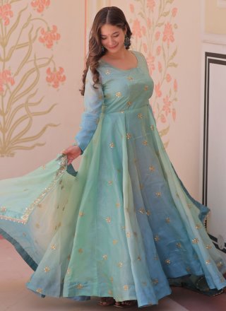Blue Organza  Designer Gown with Sequins, Thread and Zari Work