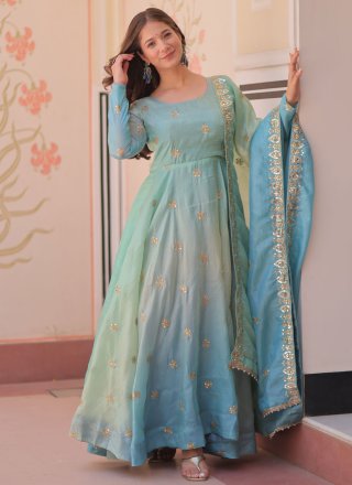 Blue Organza  Designer Gown with Sequins, Thread and Zari Work