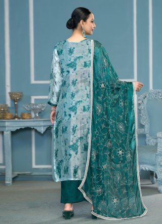 Blue Organza Hand and Print Work Palazzo Salwar Suit for Casual