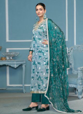Blue Organza Hand and Print Work Palazzo Salwar Suit for Casual