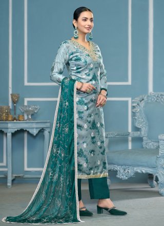 Blue Organza Hand and Print Work Palazzo Salwar Suit for Casual