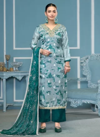Blue Organza Hand and Print Work Palazzo Salwar Suit for Casual