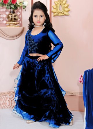 Blue Organza Lehenga Choli In Plain for Ceremonial