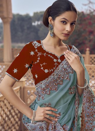 Blue Organza Trendy Saree with Cord, Cut, Embroidered, Hand and Zari Work