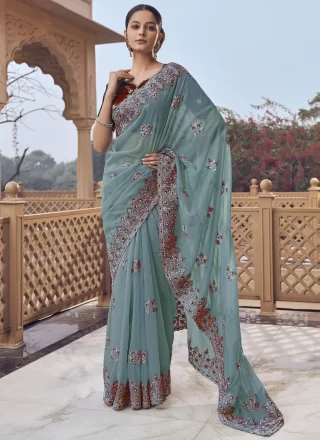 Blue Organza Trendy Saree with Cord, Cut, Embroidered, Hand and Zari Work