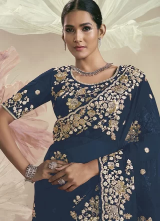 Blue Organza Trendy Saree with Cord, Cut, Embroidered, Sequins and Zari Work for Ceremonial