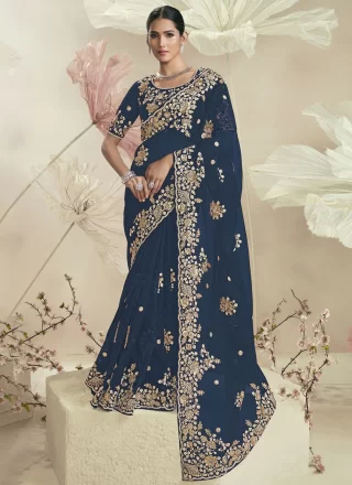 Blue Organza Trendy Saree with Cord, Cut, Embroidered, Sequins and Zari Work for Ceremonial