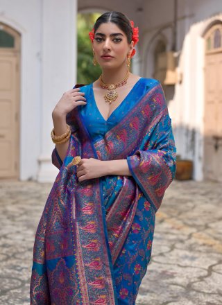 Blue Pashnima Silk Print Work Classic Saree for Ceremonial
