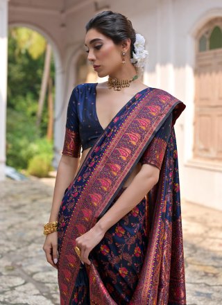 Blue Pashnima Silk Print Work Trendy Saree