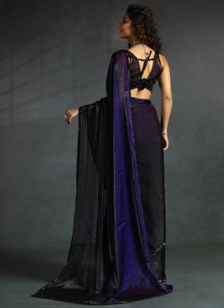 Blue Patch Border and Diamond Work Satin Silk Classic Saree