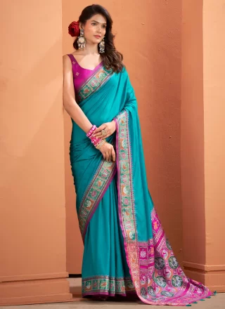 Blue Patola Print and Weaving Work Silk Classic Sari