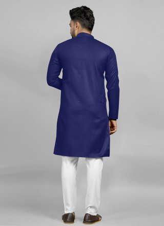 Blue Plain Work Cotton Kurta Pyjama